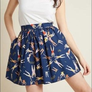 ModCloth Novelty Print Live Uplifted Synchronized Swimmers Mini Skirt Blue Sz M